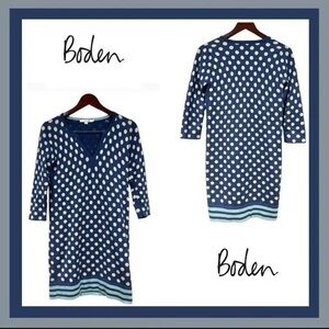 Boden V-Neck Knit Tunic Sweater Shift Dress Womens 4 Polka Dot Navy Blue Cream